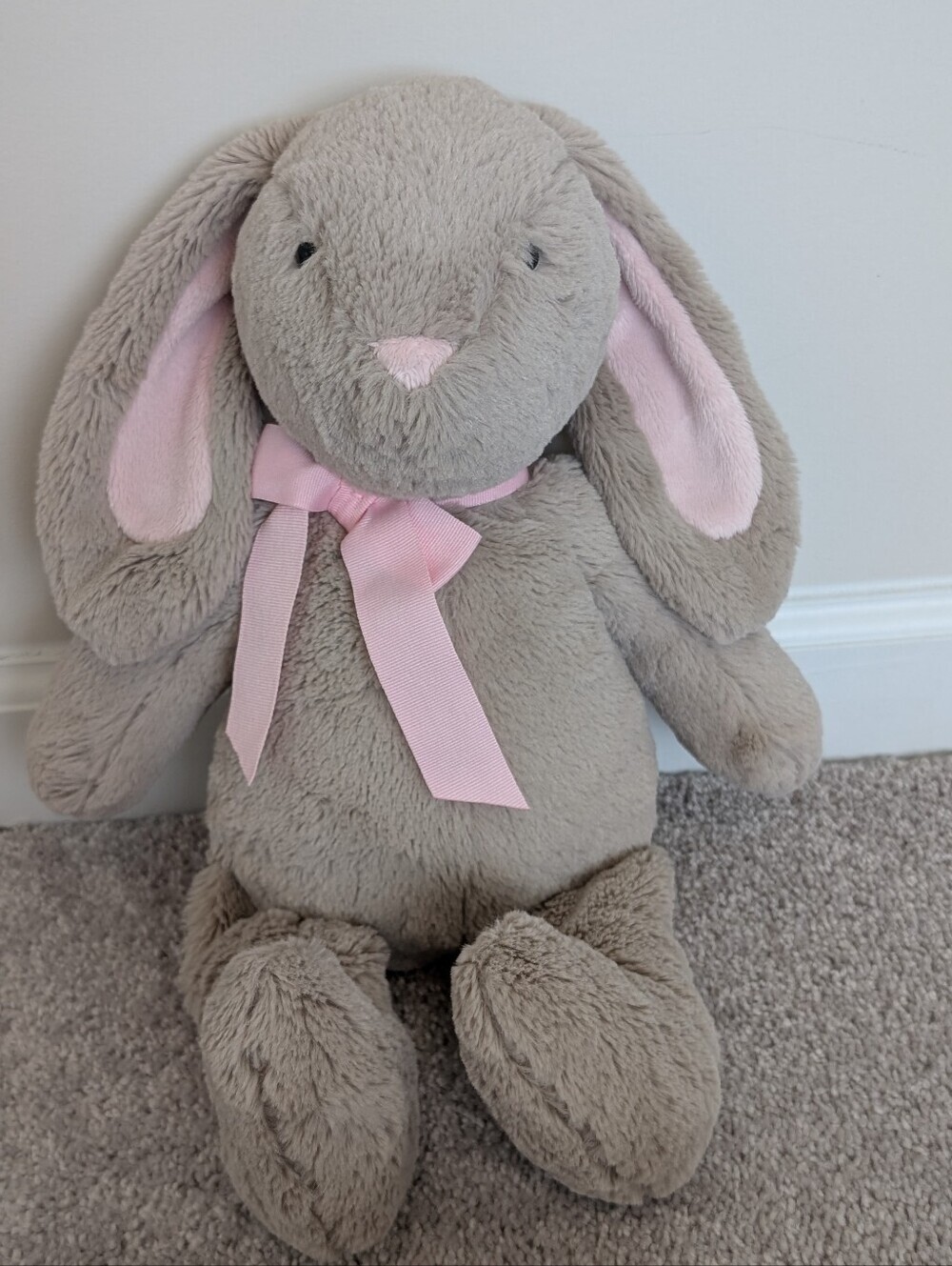 Pottery Barn Kids 16” Grey Bunny Rabbit Plush Toy Doll Pink Neck Ribbon